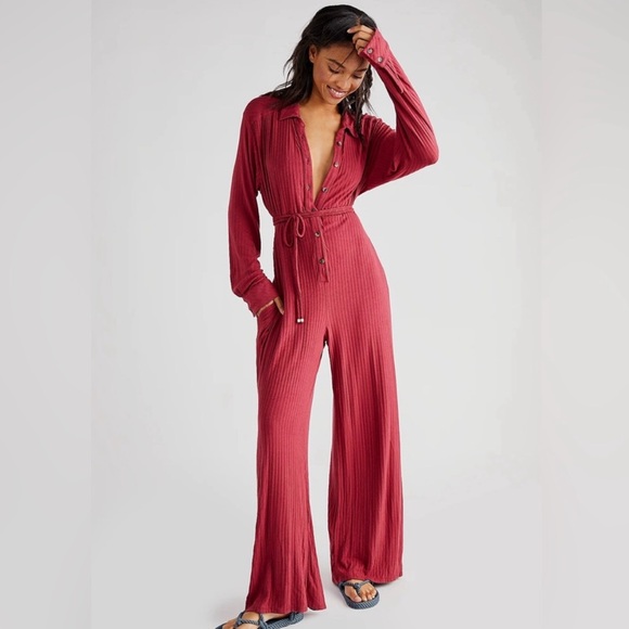 Free people elai one piece jumpsuit red mauve ribbed romper size M NWT - Picture 2 of 4